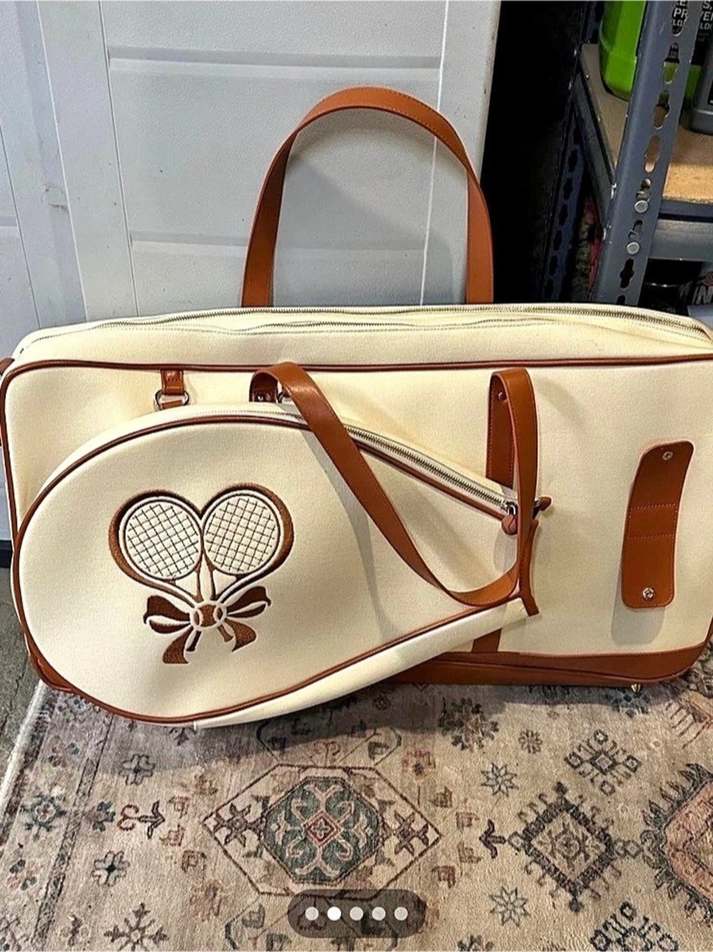 Tennis Racket Motif Travel Bag in Cream & Brown Like New